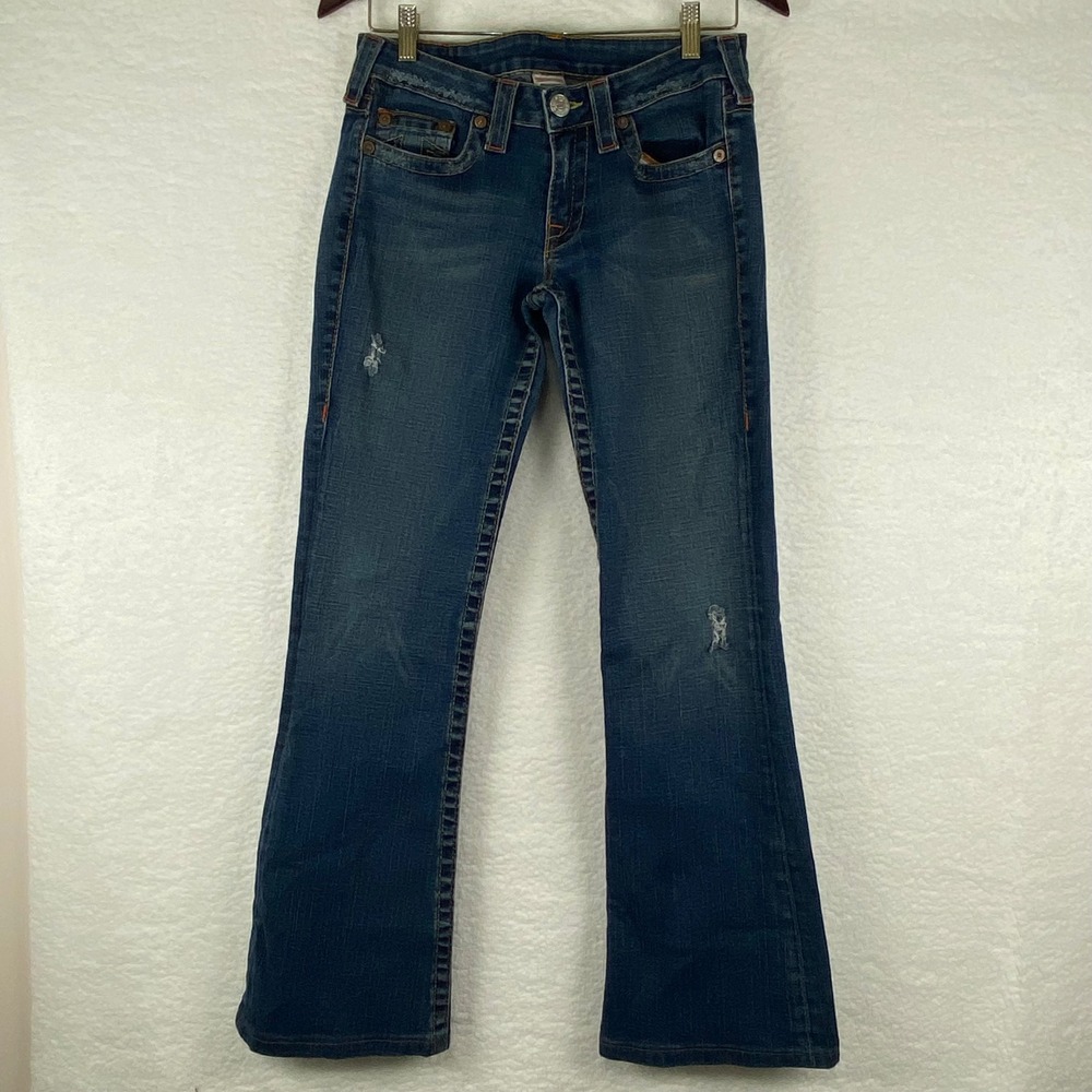 True Religion Bobby Low Rise Bootcut Jeans Dark Wash Distressed Size 30 Made USA